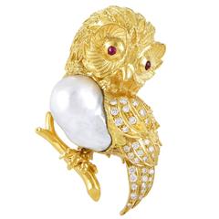 Yellow Gold Precious Gemstone and Pearl Owl Brooch