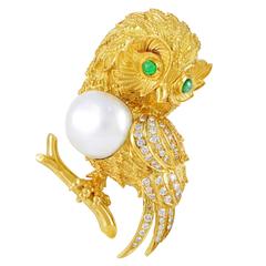 Yellow Gold Precious Gemstone and Mabe Pearl Owl Brooch