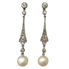 1940s Pearl and Diamond Platinum Drop Earrings