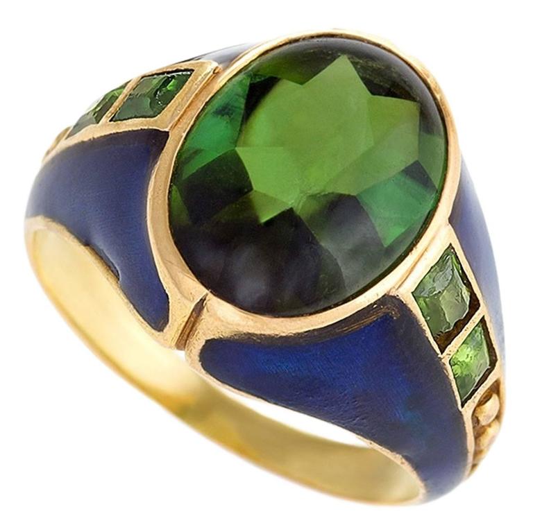Louis Comfort Tiffany Art Nouveau Peridot Enamel And Gold Ring At