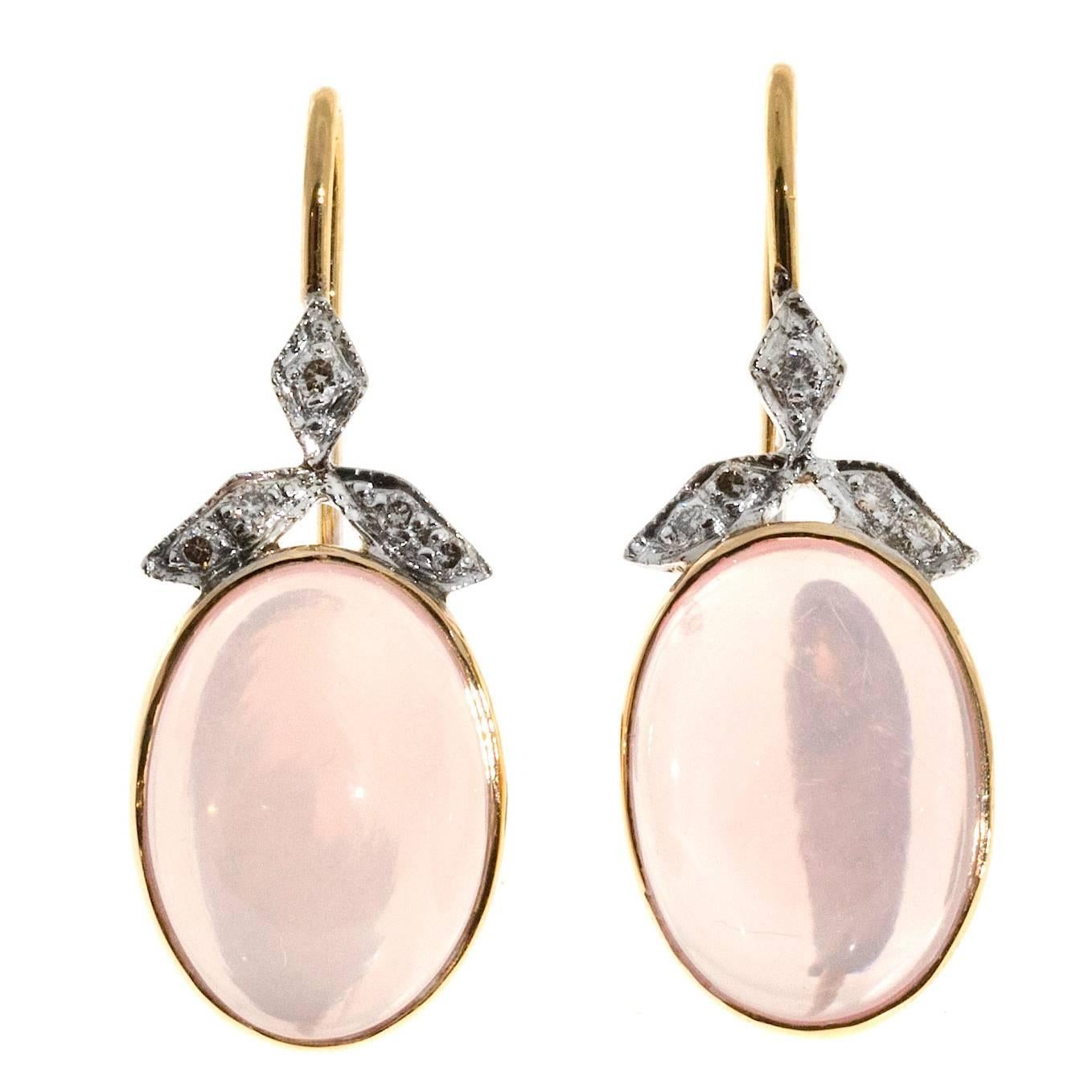 Oval Rose Quartz Cabochon Diamond Danlge Gold Earrings