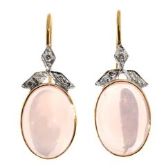 Vintage Oval Rose Quartz Cabochon Diamond Danlge Gold Earrings