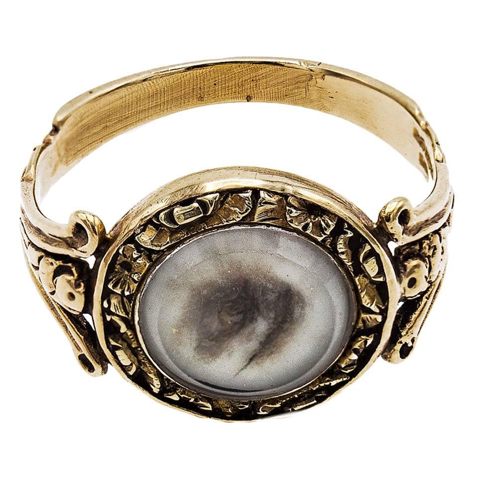 1860 English George IV Painted Image Of The Eye Of Your Lover Gold Engraved Ring