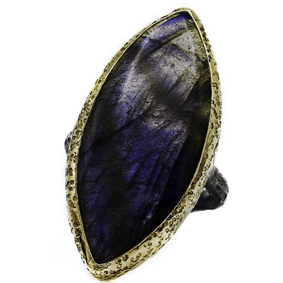 Large Blue Labradorite Marquise Ring in Gold and Oxidized Sterling Silver