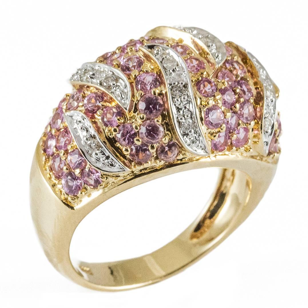 Pink Sapphire Diamond Yellow Gold Dome Ring For Sale