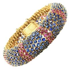 Ruby and Blue Sapphire Cluster Dome Gold Bracelet with Diamond Accent