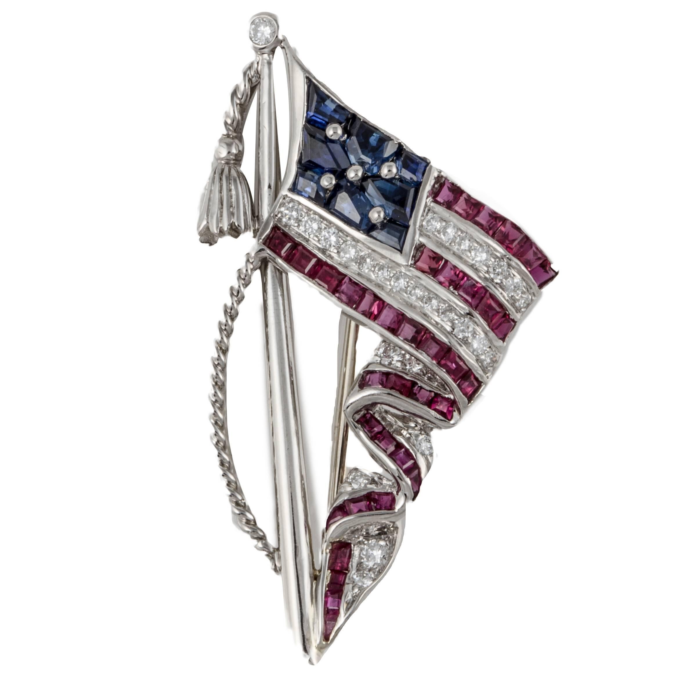Oscar Heyman Stars And Stripes Gemstone and Diamond Flag Pin For Sale