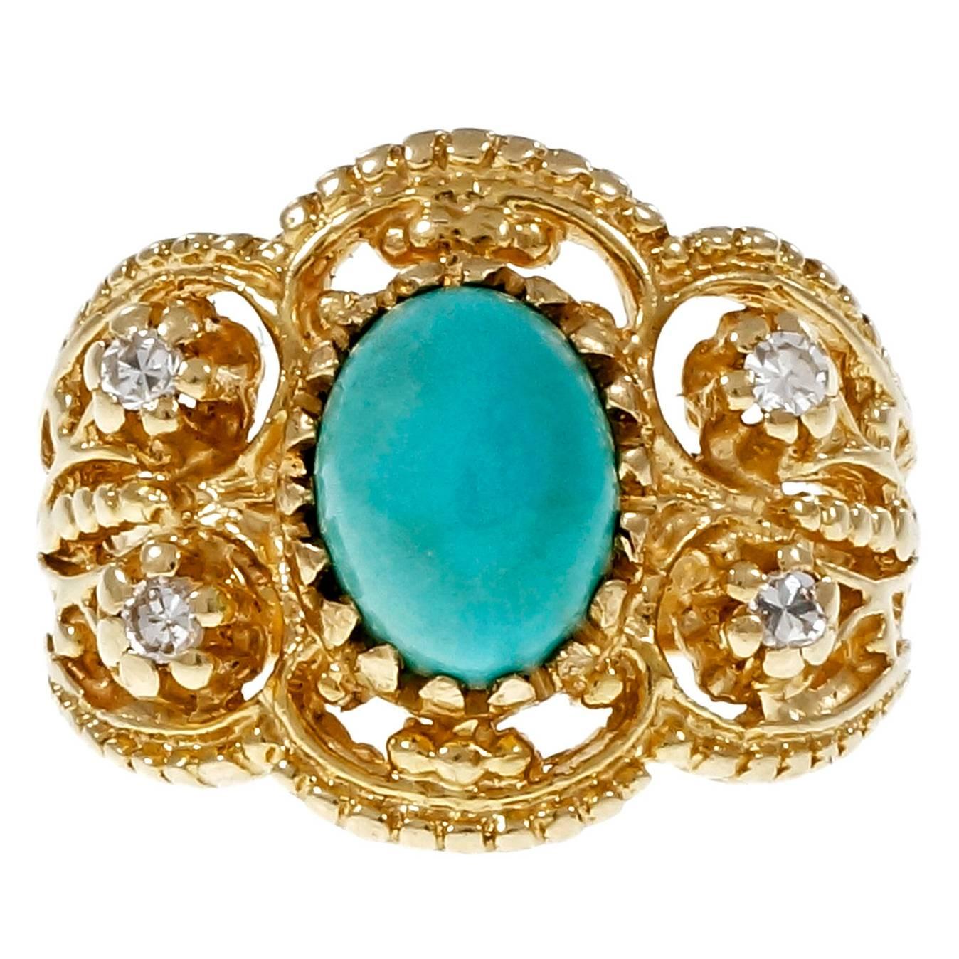 Natural Persian Turquoise Diamond Gold Byzantine Cocktail Ring