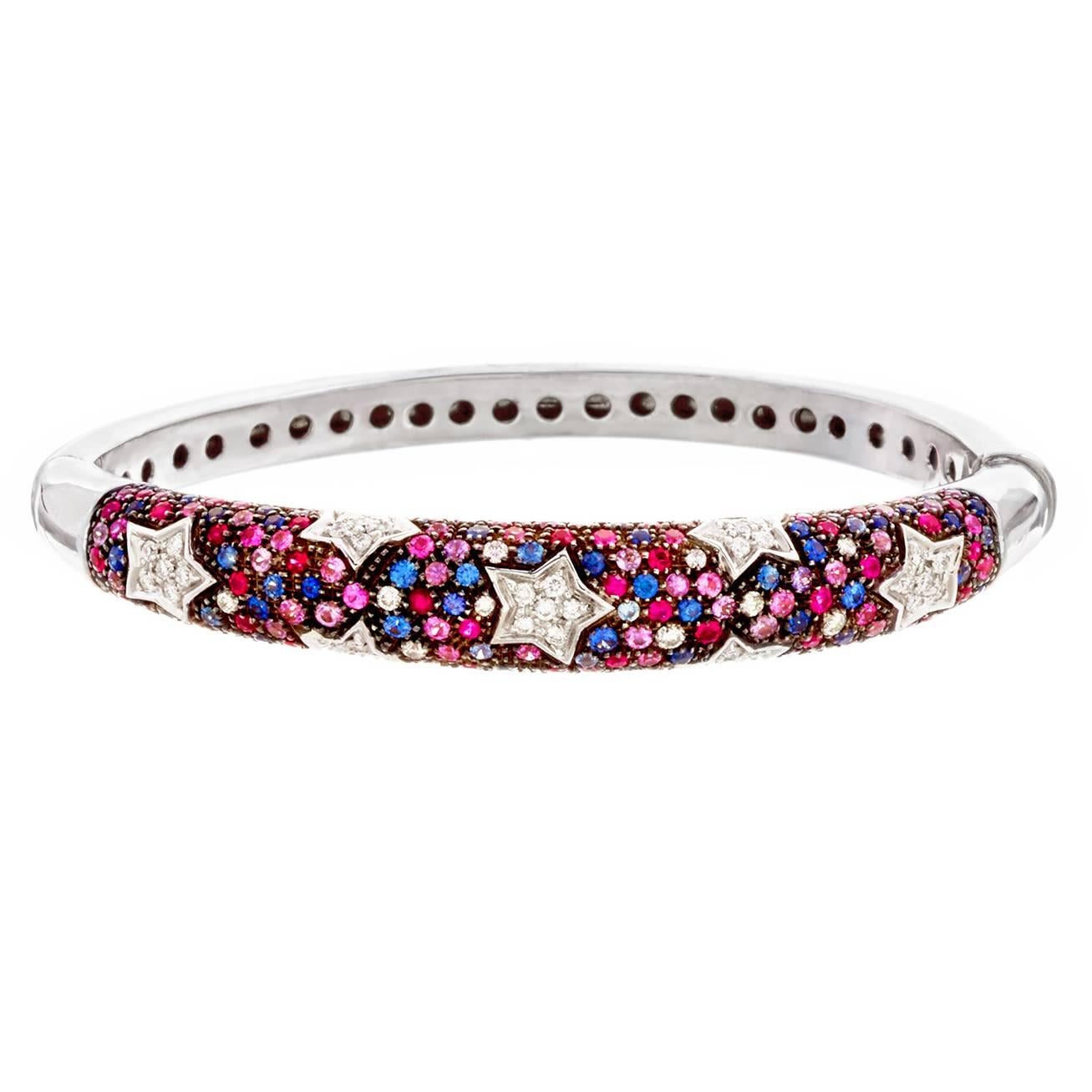 Italian Multi-Color Sapphire Star Motif Bangle Bracelet For Sale