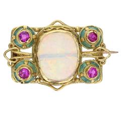 Arts and Crafts Opal Ruby Enamel Gold Brooch 5