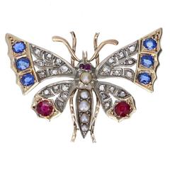 Antique Victorian Diamond Ruby Sapphire Pearl Gold Butterfly Brooch 7