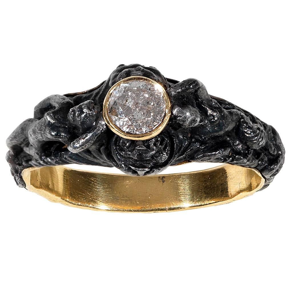 Art Nouveau Diamond Gold and Steel Sathyr Ring