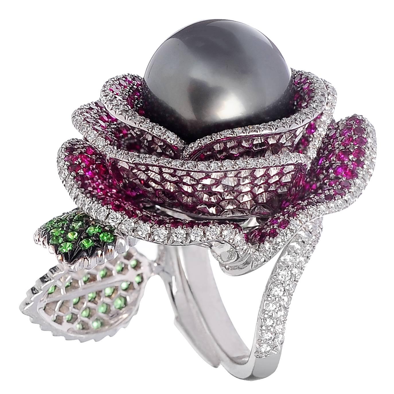 Infiore Missbach Pearl Ruby Diamond Tsavorite Gold Rose Flower Cocktail Ring For Sale