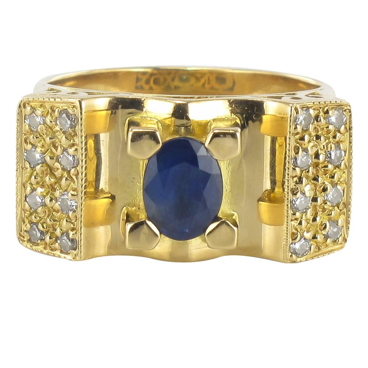 French 1960s Tank Style Sapphire and Diamond Ring 