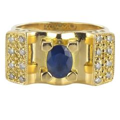 Vintage French 1960s Tank Style Sapphire and Diamond Ring 