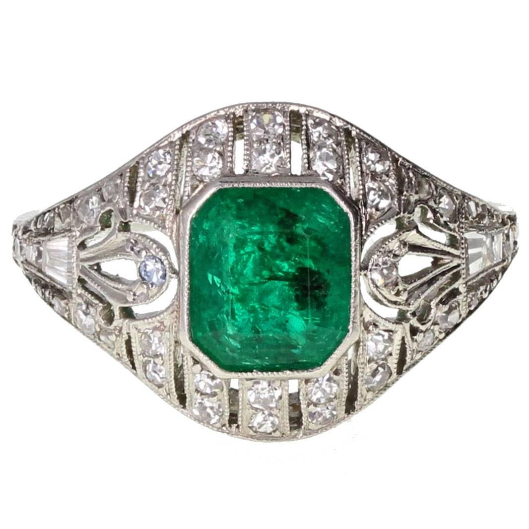 Art Deco Emerald Diamond Platinum Cluster Ring