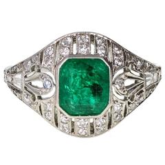 Art Deco Emerald Diamond Platinum Cluster Ring 5