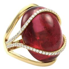 Rubellite Pink Tourmaline and Pavé Diamond Gold Ring 11