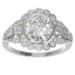 2.05 Carat Diamond European Cut Art Deco Platinum Engagement Ring 