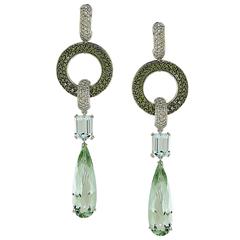 Green Quartz, Aquamarine and Diamond Earrings