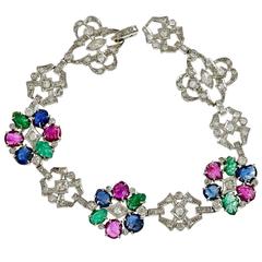 Diamond Carved Sapphire Emerald Ruby Platinum Bracelet 2