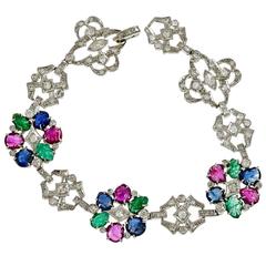 Diamond Carved Sapphire Emerald Ruby Platinum Bracelet