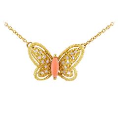 Van Cleef & Arpels Yellow Gold Diamond and Coral Butterfly Pendant Necklace