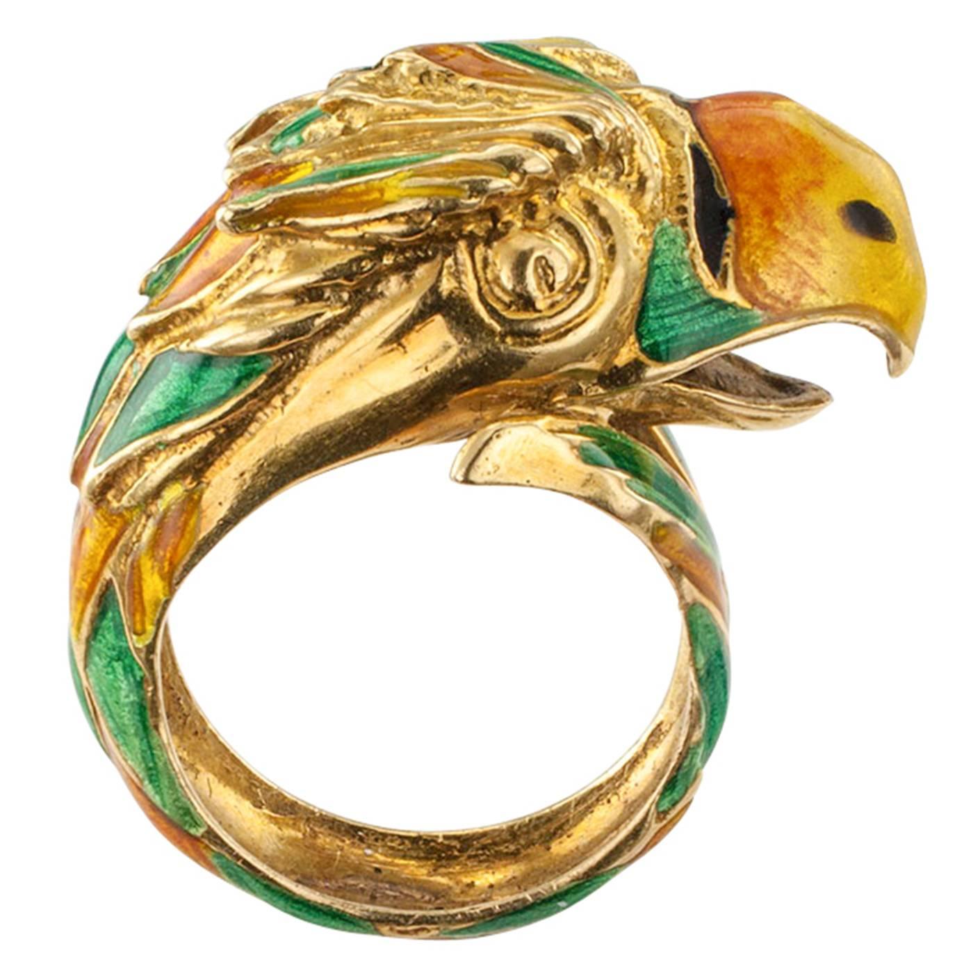 1970s Enamel and Gold Parrot Ring