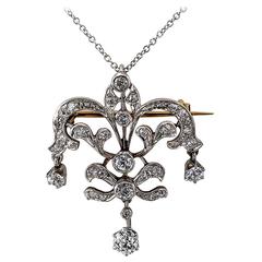 Edwardian Platinum and Gold Diamond Brooch Pendant