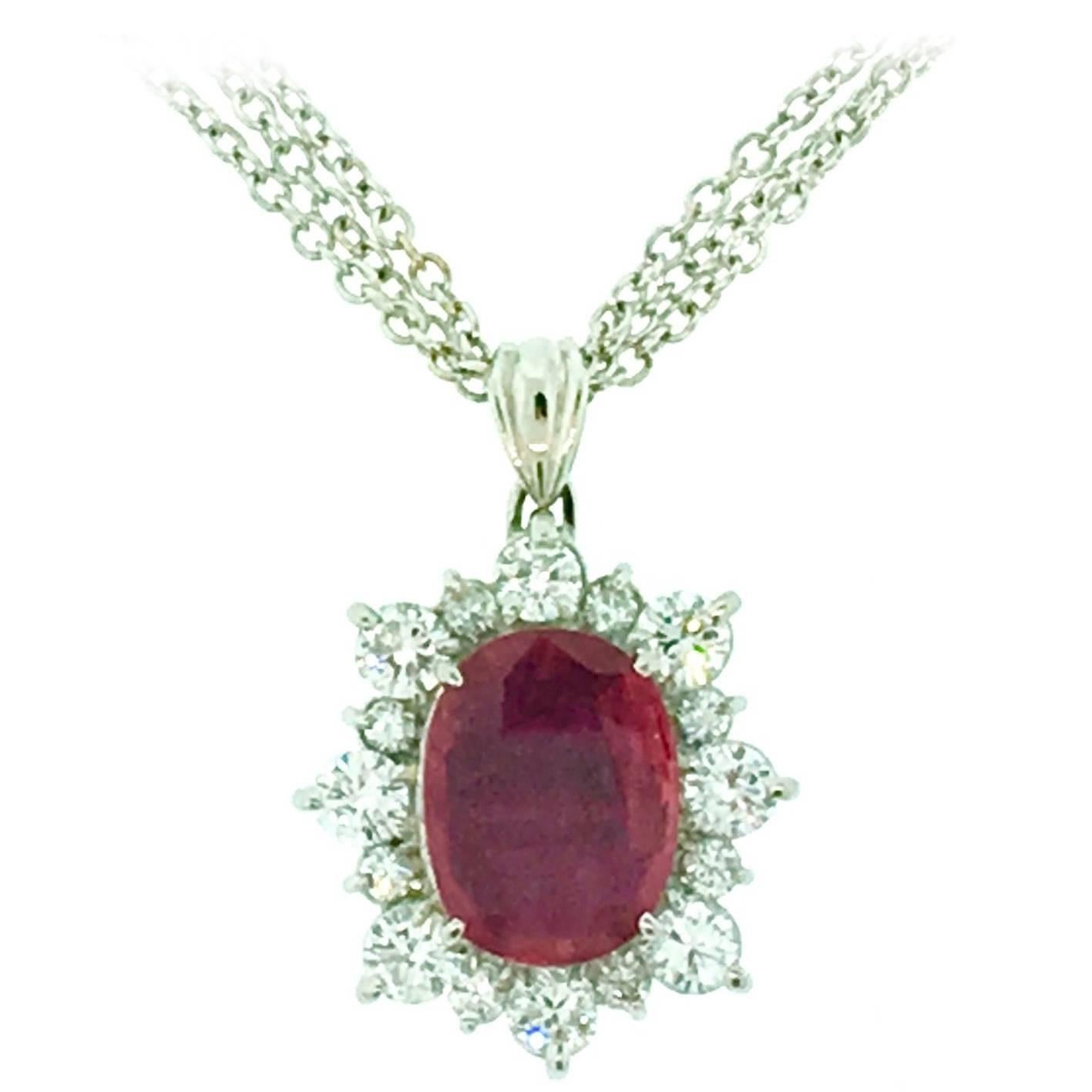Ruby & Diamond Oval Pendant in Platinum For Sale