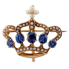 1900s Crown Brooch of Seed Pearls and Sapphires