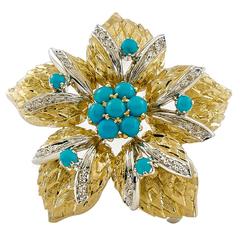1950s Turquoise Diamond Gold Flower Brooch