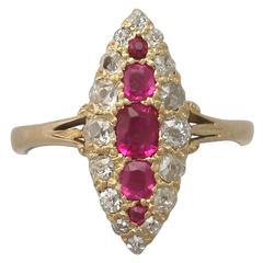 1900s Antique Ruby and Diamond Yellow Gold Marquise Cocktail Ring 11