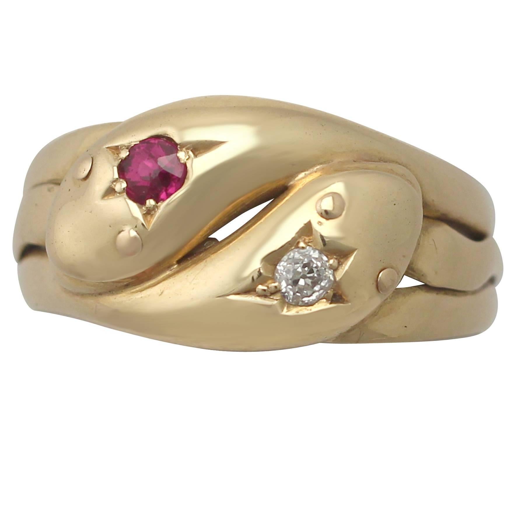 Antique 1902 Ruby and Diamond, Yellow Gold Snake Ring