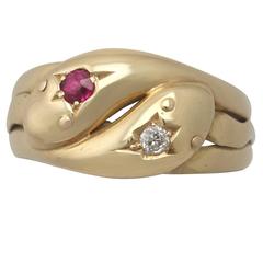 Antique 1902 Ruby and Diamond, Yellow Gold Snake Ring 7