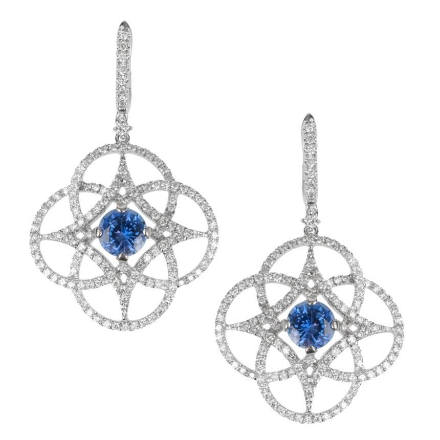Blue Sapphire and Diamond 18 Karat Gold Earrings For Sale