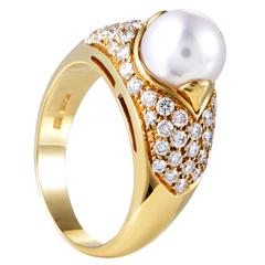 Bulgari Yellow Gold Partial Diamond Pave Pearl Ring