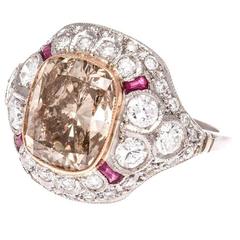 5.16 Carat Brownish Yellow Cushion Cut Diamond Ruby Platinum Ring