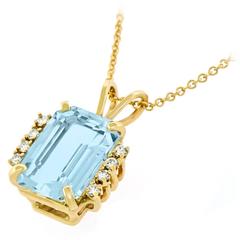 Fifties Aquamarine Diamond and Gold Pendant with Chain