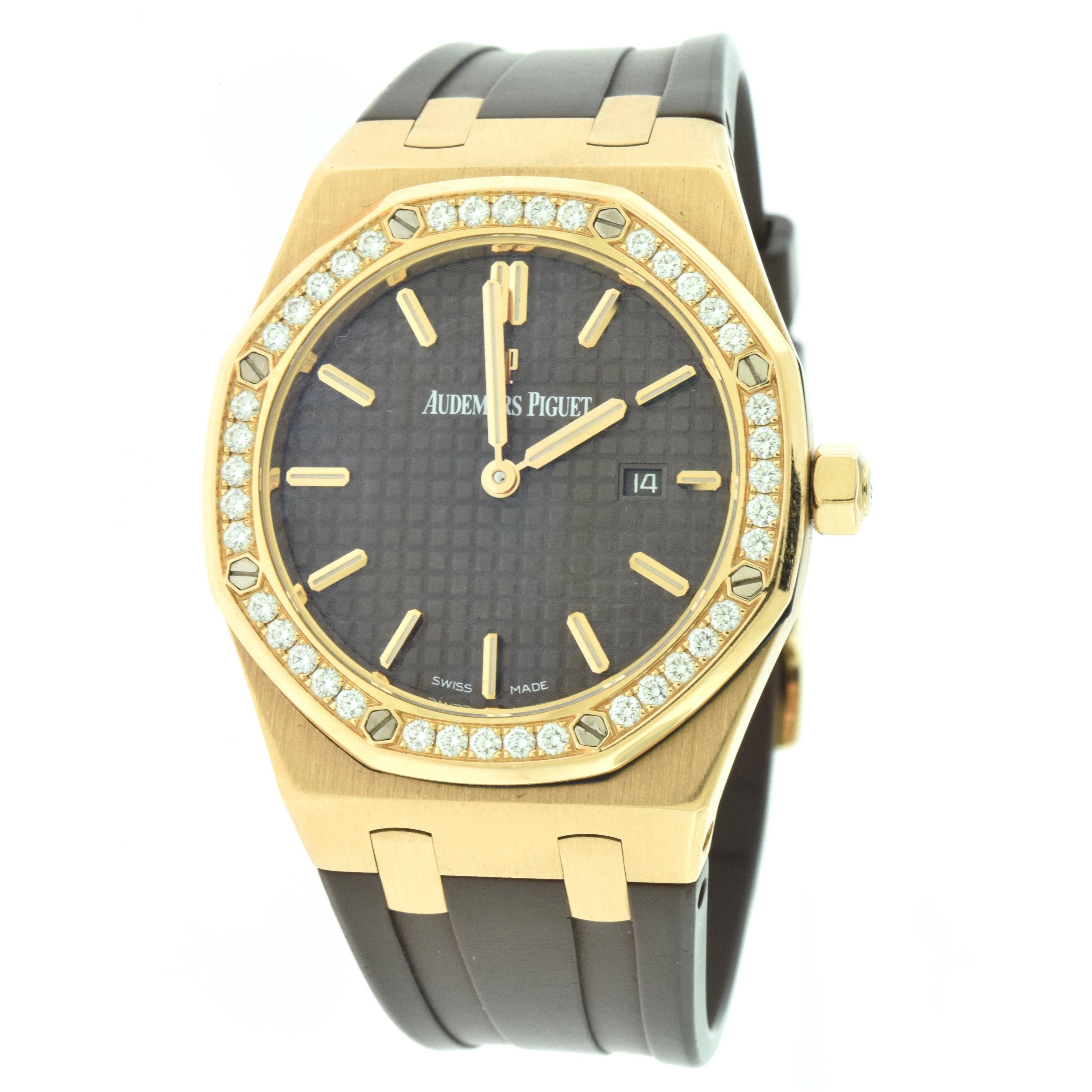 Audemars Piguet Royal Oak Diamond Brown Dial Rose Gold Watch For Sale