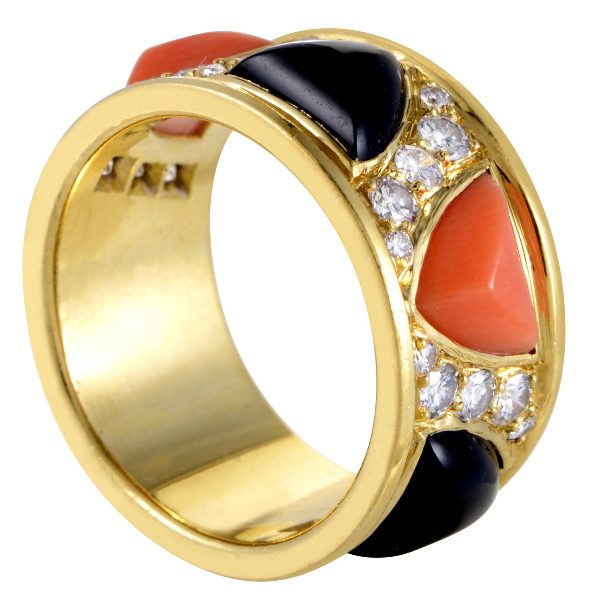 Bulgari Yellow Gold Diamond Pave Onyx and Coral Band Ring