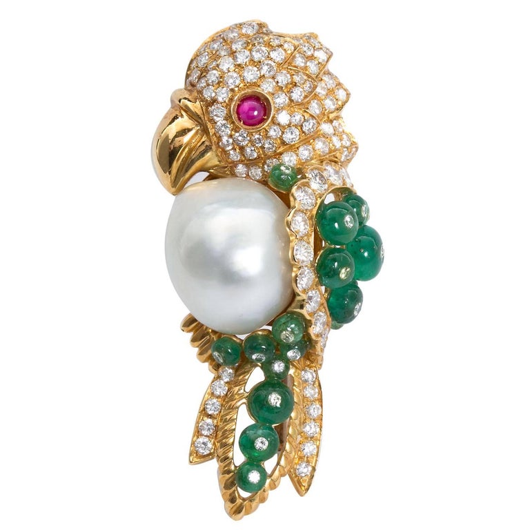 Semi-Baroque South Sea Cultured Pearl and Precious Gem Parrot Brooch ...