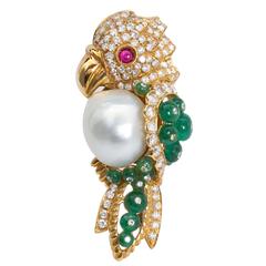 Semi-Baroque South Sea Cultured Pearl and Precious Gem Parrot Brooch 1