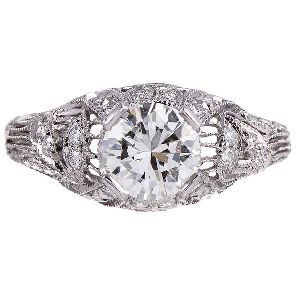 Art Nouveau Style Platinum Ring with 1.02 Carat Diamond Center