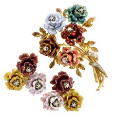 Enameled Yellow Gold and Diamond Floral Brooch and Earring Suite 3