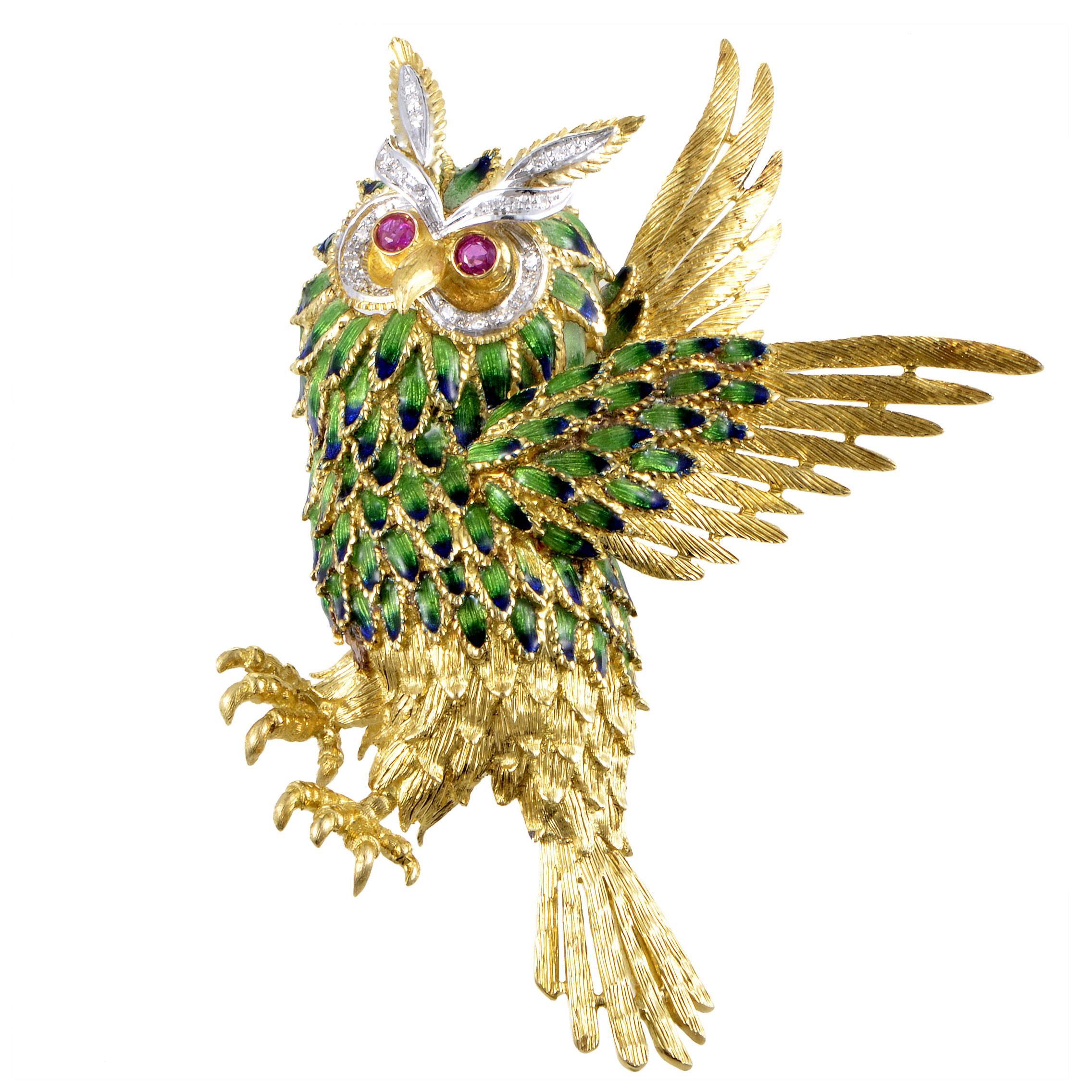 Enameled Multi-Tone Gold Diamond and Ruby Owl Brooch