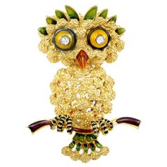 Enameled Yellow Gold Diamond Owl Pin