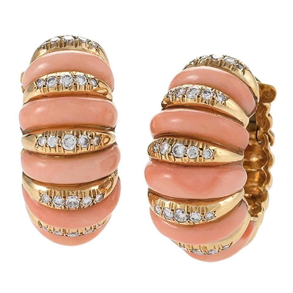 Van Cleef & Arpels Mid-20th Century Coral, Diamond and Gold Earrings, Paris