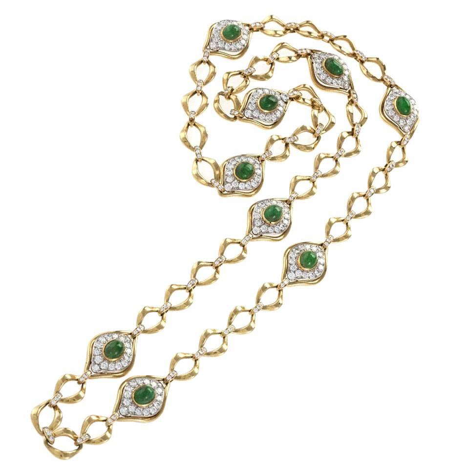 O.J.Perrin Paris 1970's Diamond, Emerald, Gold and Platinum Link Necklace