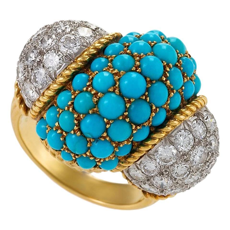 Cartier 1960s Turquoise, Diamond and Gold Cocktail or Dinner Ring